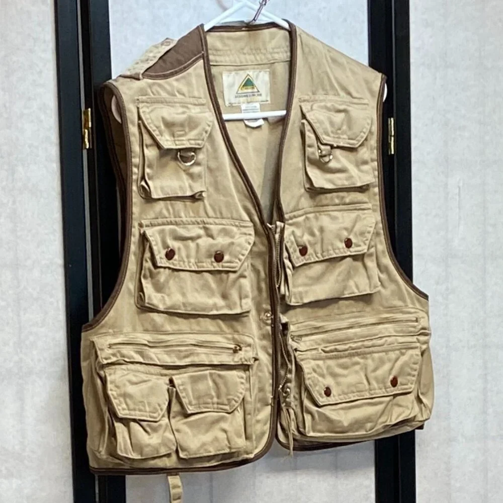 Stansport Vintage Outdoor Fish Hunt Angler Utility Pocket Pouch Vest Tan Brown L